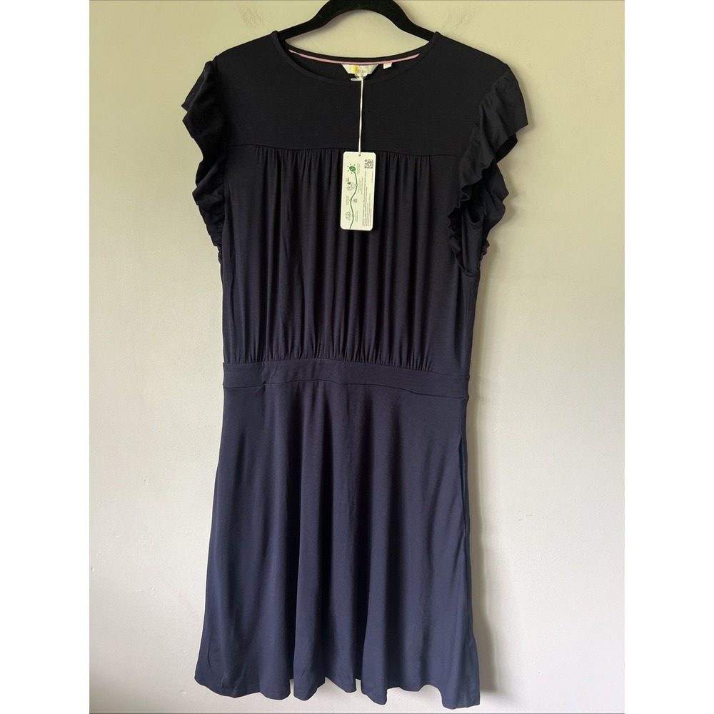 Boden Solid Navy Jersey Dress Womens 8R Ruffle Shoulder Pockets NWT